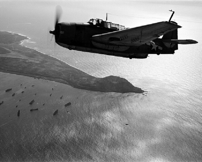 U.S. Navy Grumman TBM Avenger over Iwo Jima 8X10 WW2 WWII Photo 750