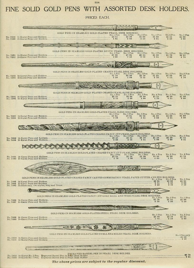 Catalog Page Ad Fine Gold Pens Fountain Ink Pearl Nibs Sterling Ebony Sets 1907
