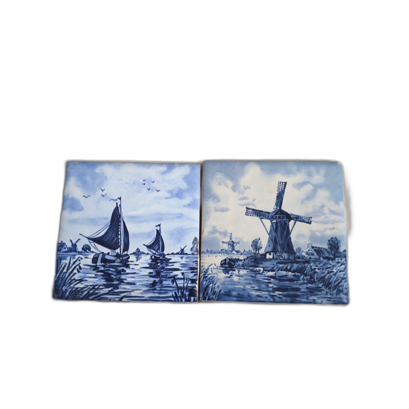 Vintage Delft Style Ceramic Tile Trivets Sailboat Windmill Blue White Pair