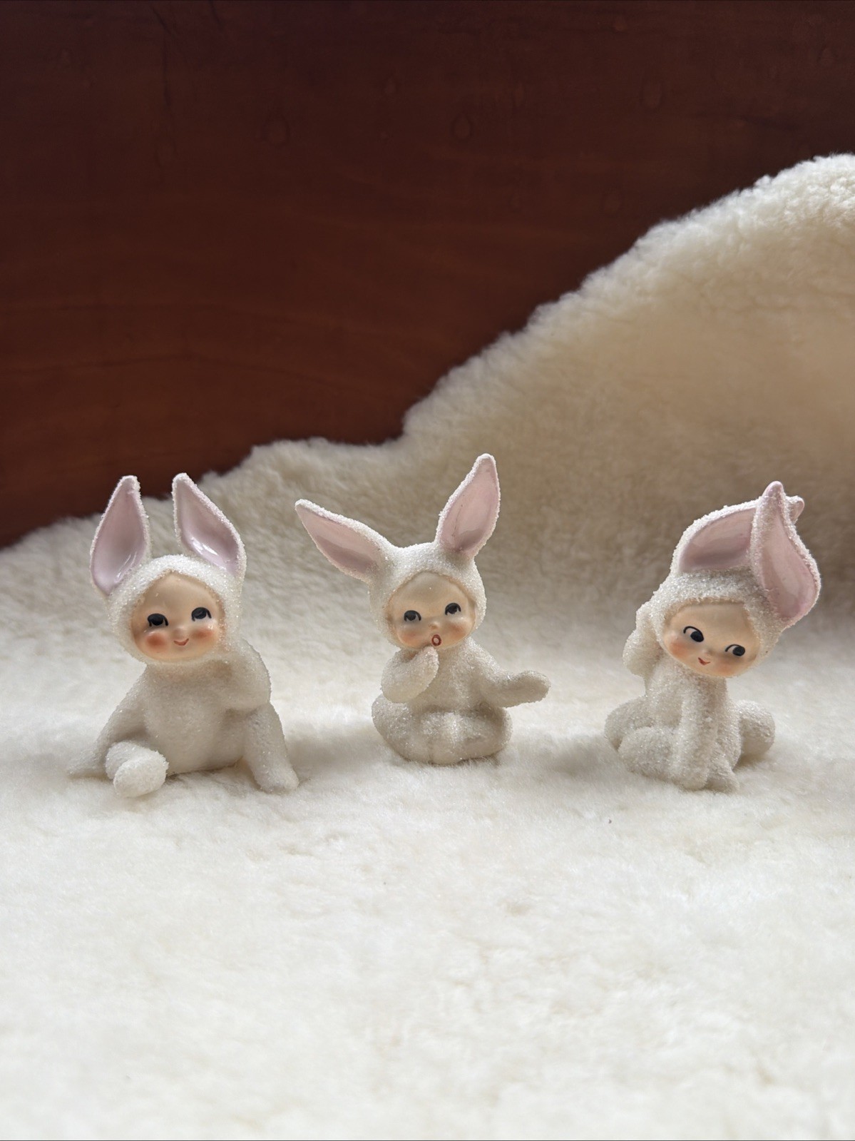 3 Vintage LEFTON Easter Snow Bunny Rabbit Pixie Bunnies Sugar Texture Japan Set
