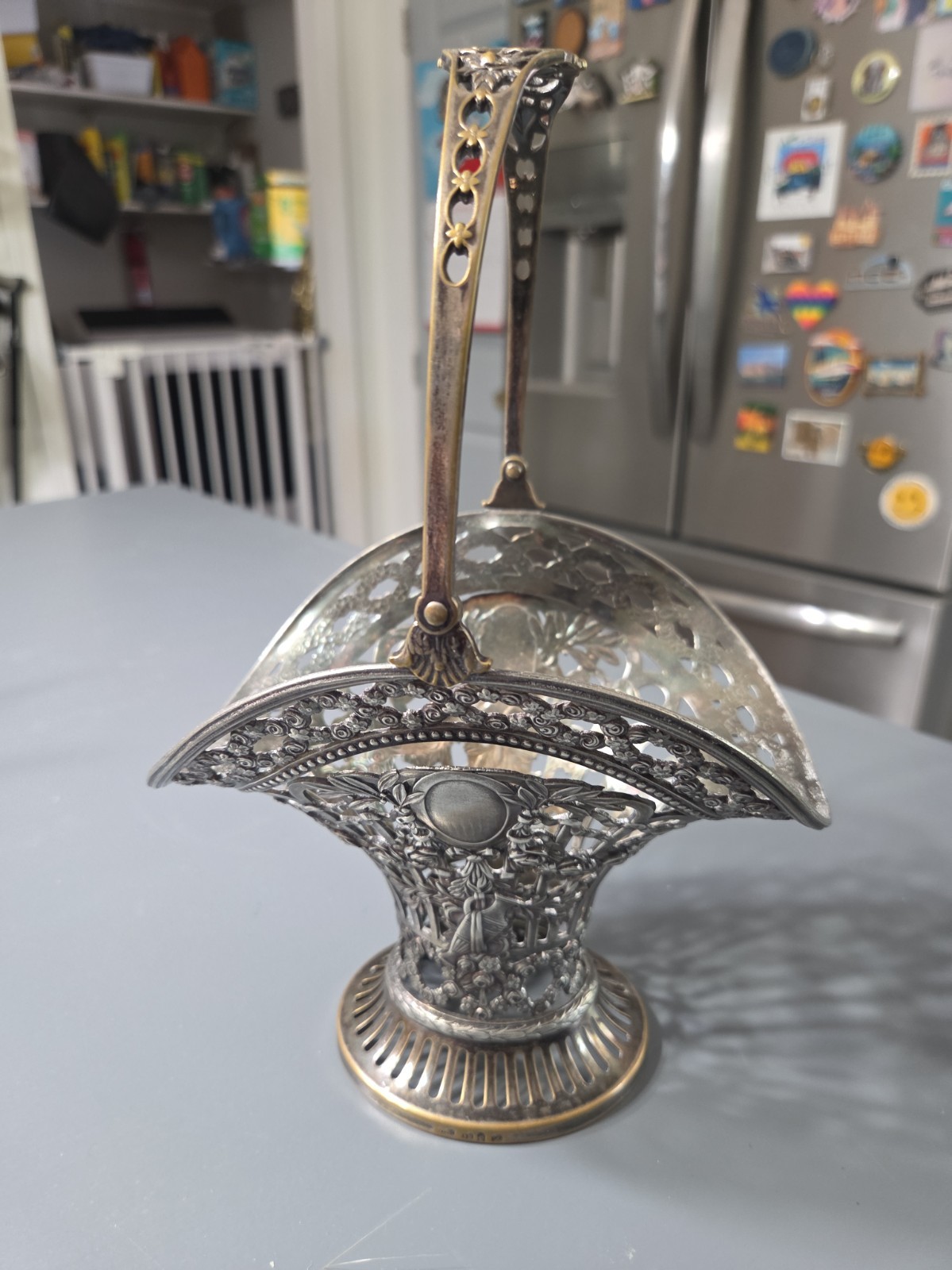 Beautiful Vintage Pierced Silverplate Basket& Folding Handle -No Glass Insert