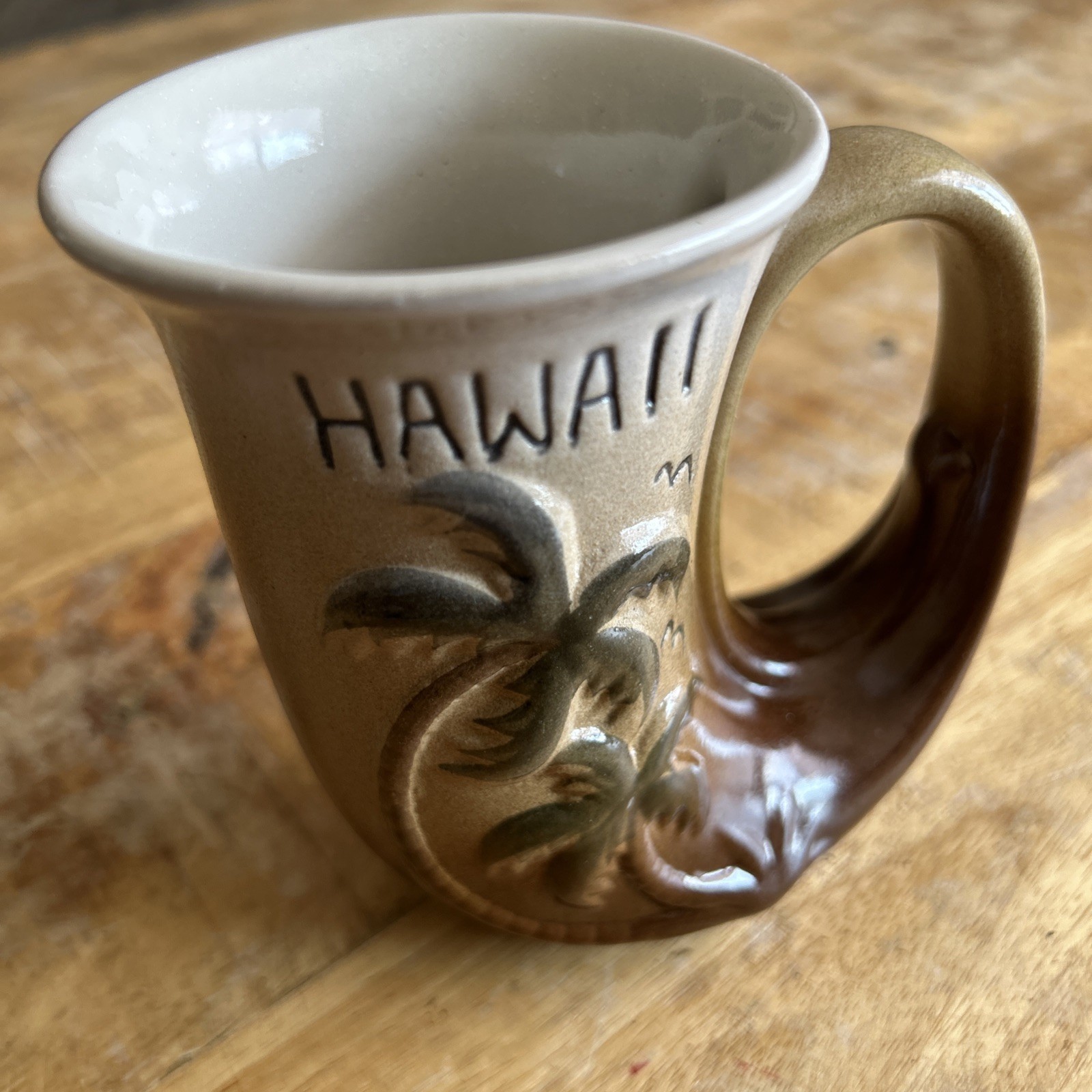 Vintage Hawaii Horn Coffee Mug Maui Souvenir Palm Trees Hand Crafted