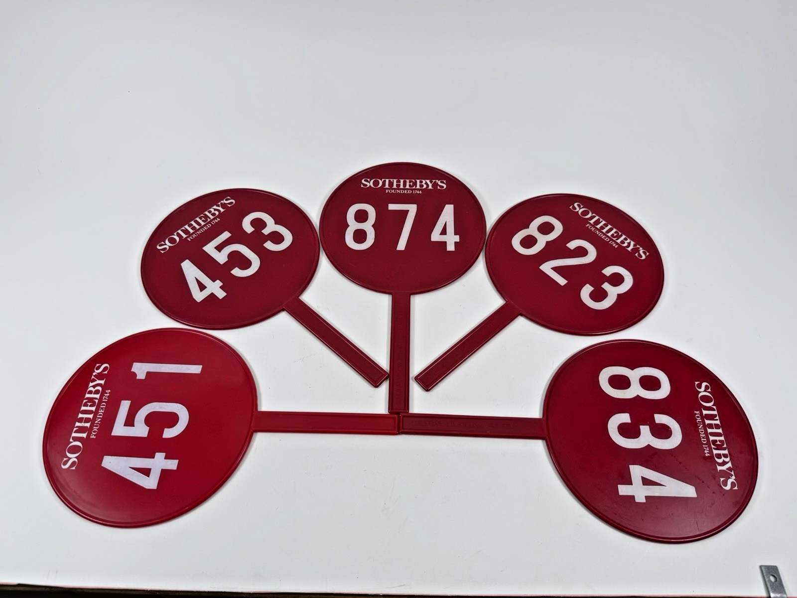 Lot Of 5 Vintage Sotheby’s Auction Bid / Bidder Paddle Double Sided Red