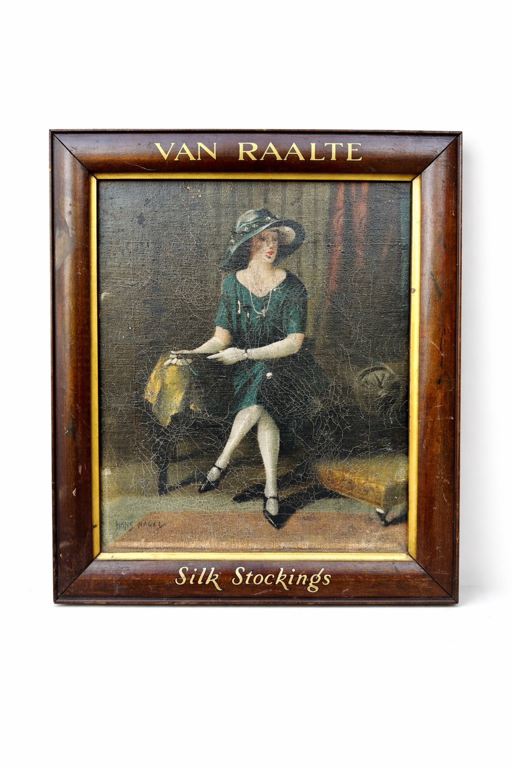 Rare VAN RAALTE STOCKINGS ADD Display Sign Hans Nagel Canvas Antique