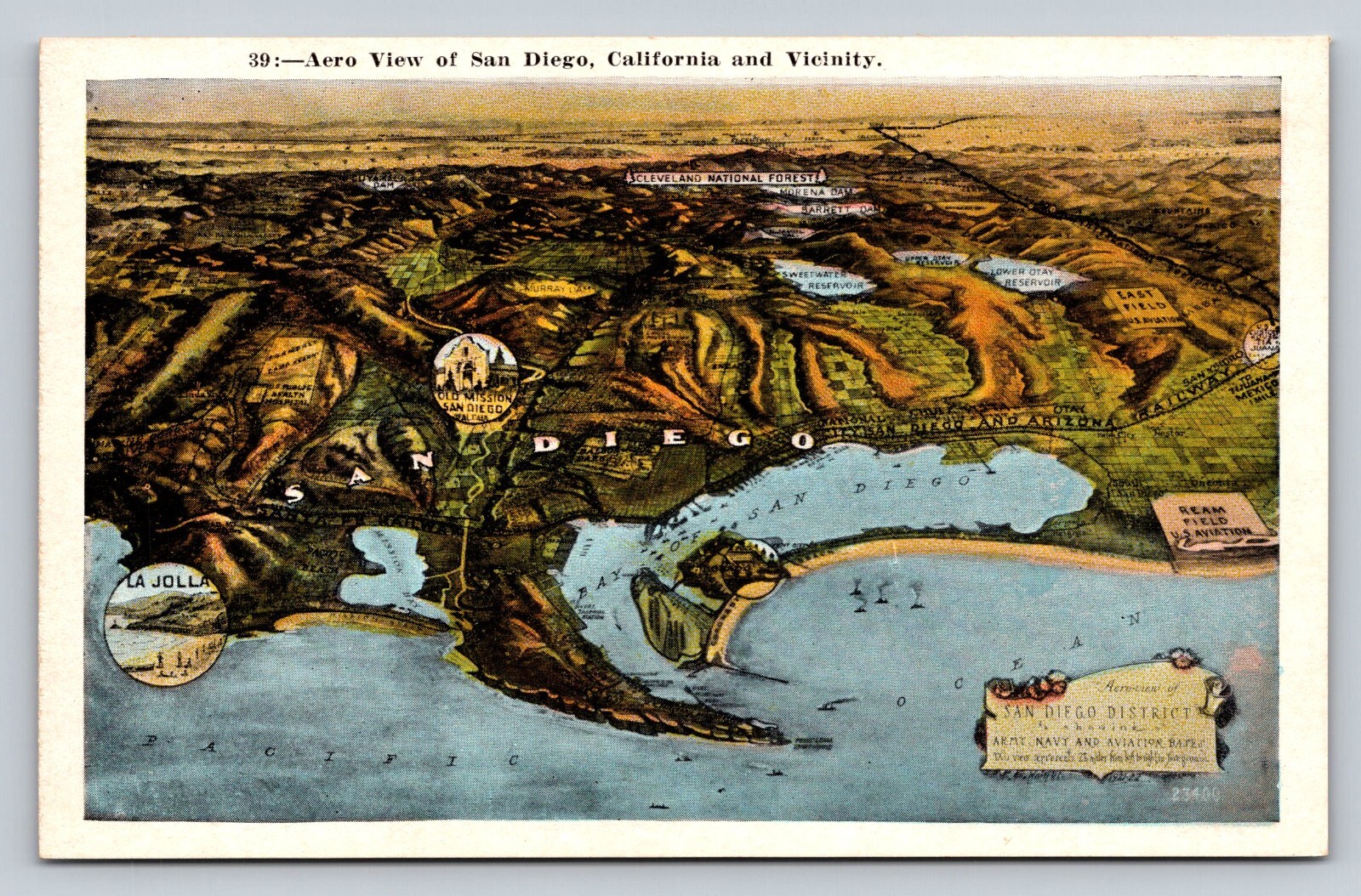 c1915 San Diego CA Postcard Sky Map Pacific Army Navy Aviation Bases Railways