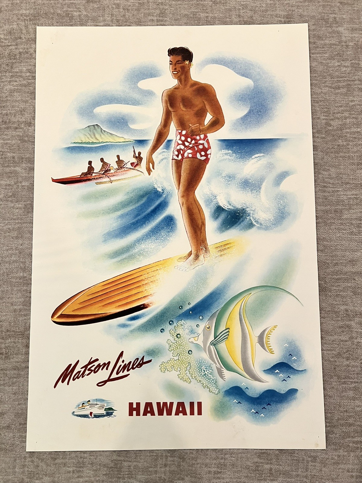 Original 1955 Matson Lines Hawaii Surfing Poster 30\
