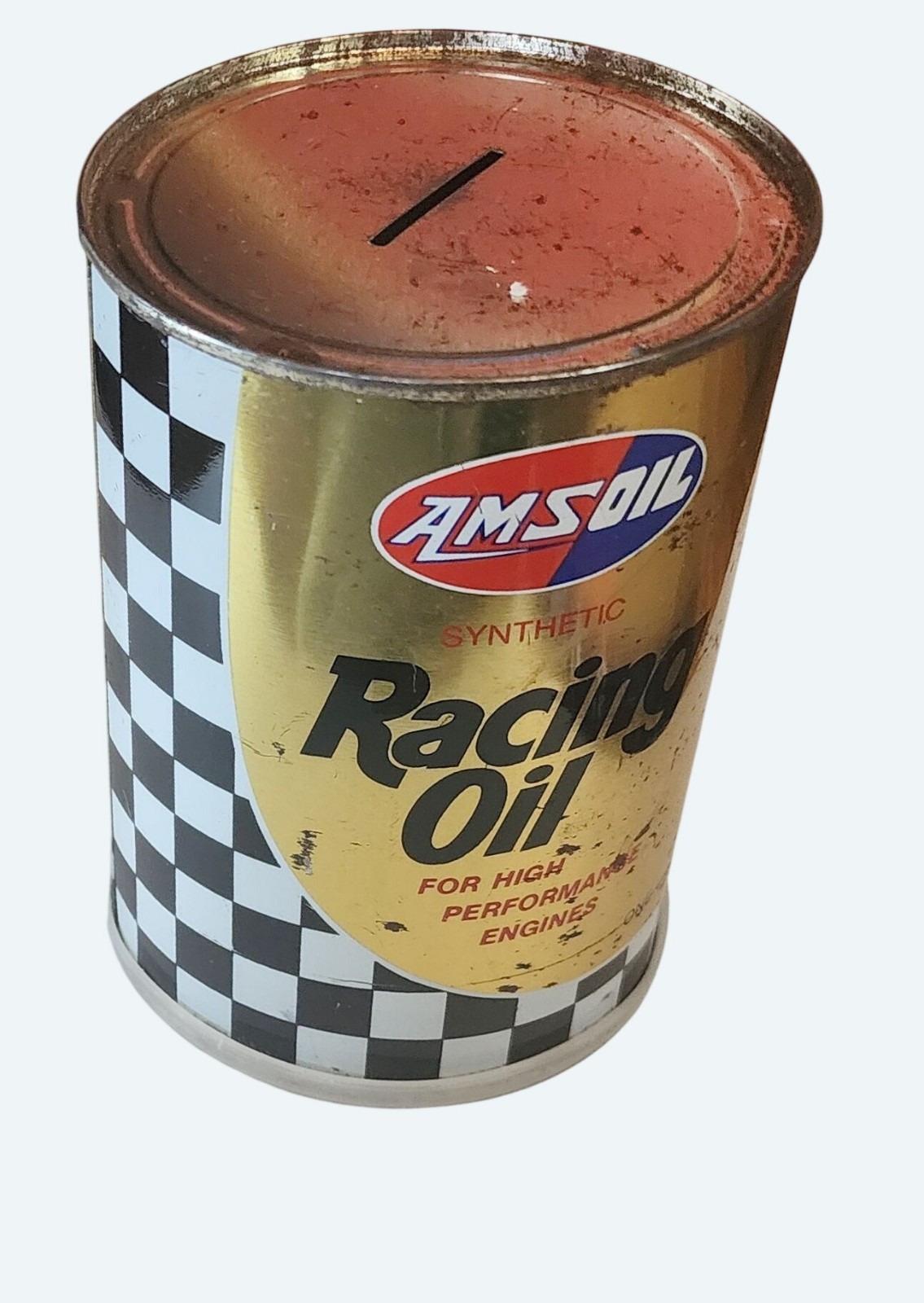 Vintage Amsoil Racing Oil Advertising Tin Bank w Coin Slot Quart Can
