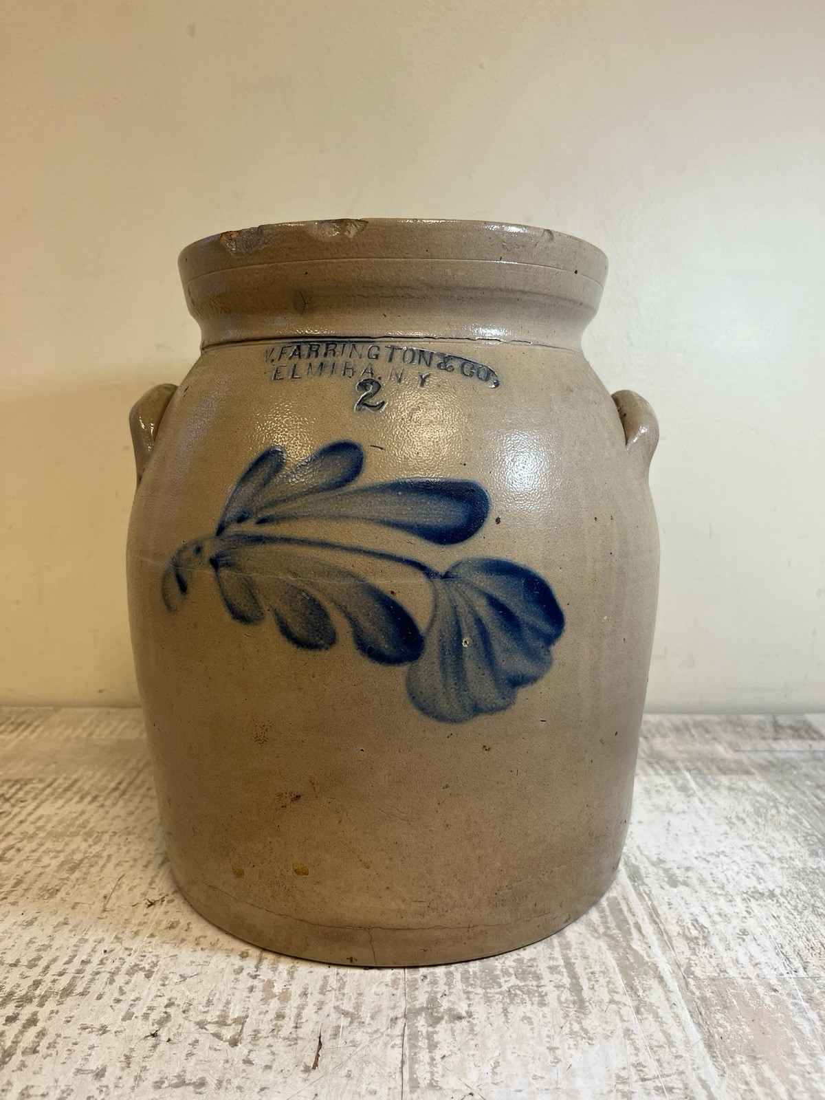 Antique E W Farrington Elmira NY Stoneware 2 Gallon Crock Cobalt Blue Flowers