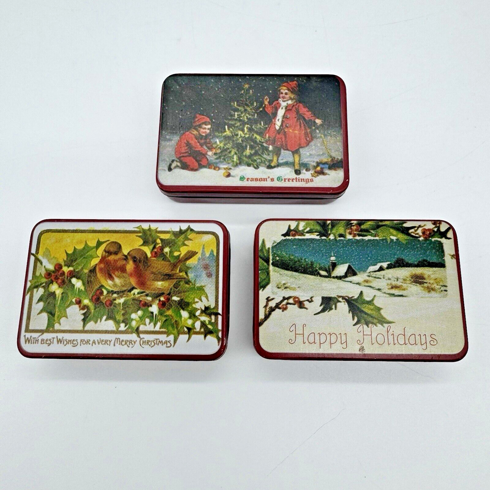 Lot 3 Vtg Mini Pocket Size Tins Seasons Greetings Happy Holidays Merry Christmas