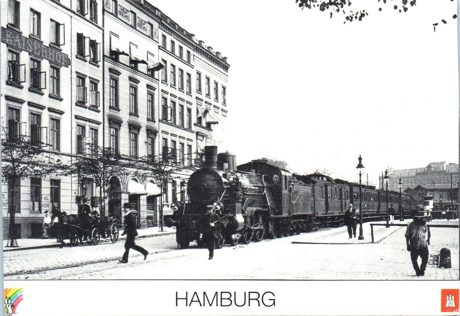 Kaiserhof Hotel, Steam Locomotive, Horse and Buggy, Hamburg, Germany Postcard