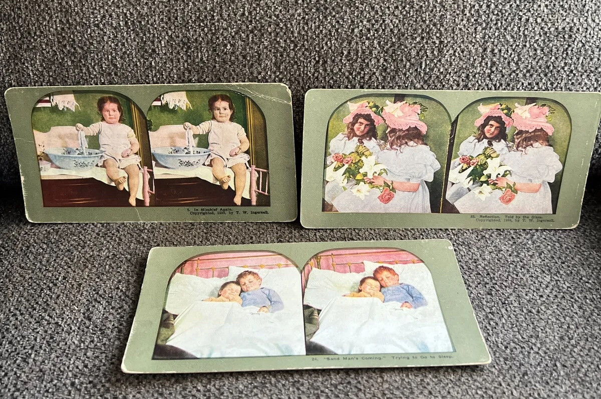 3 Antique 1898 1899 T W Ingersoll Stereoview Stereoscope Cards Kids 1, 24, 85