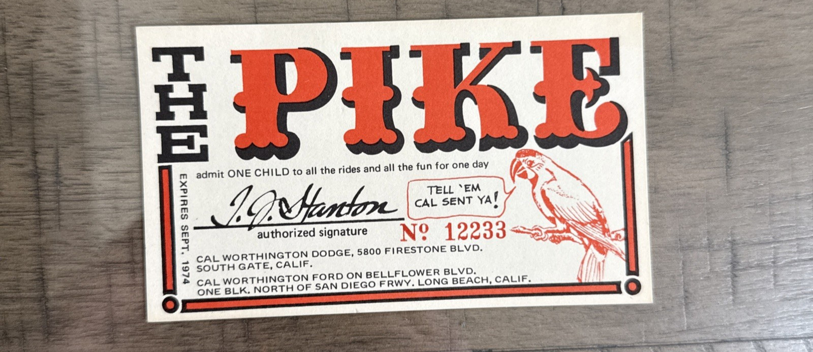 VTG 1974 The Pike Long Beach California Child Admission Ticket #12233