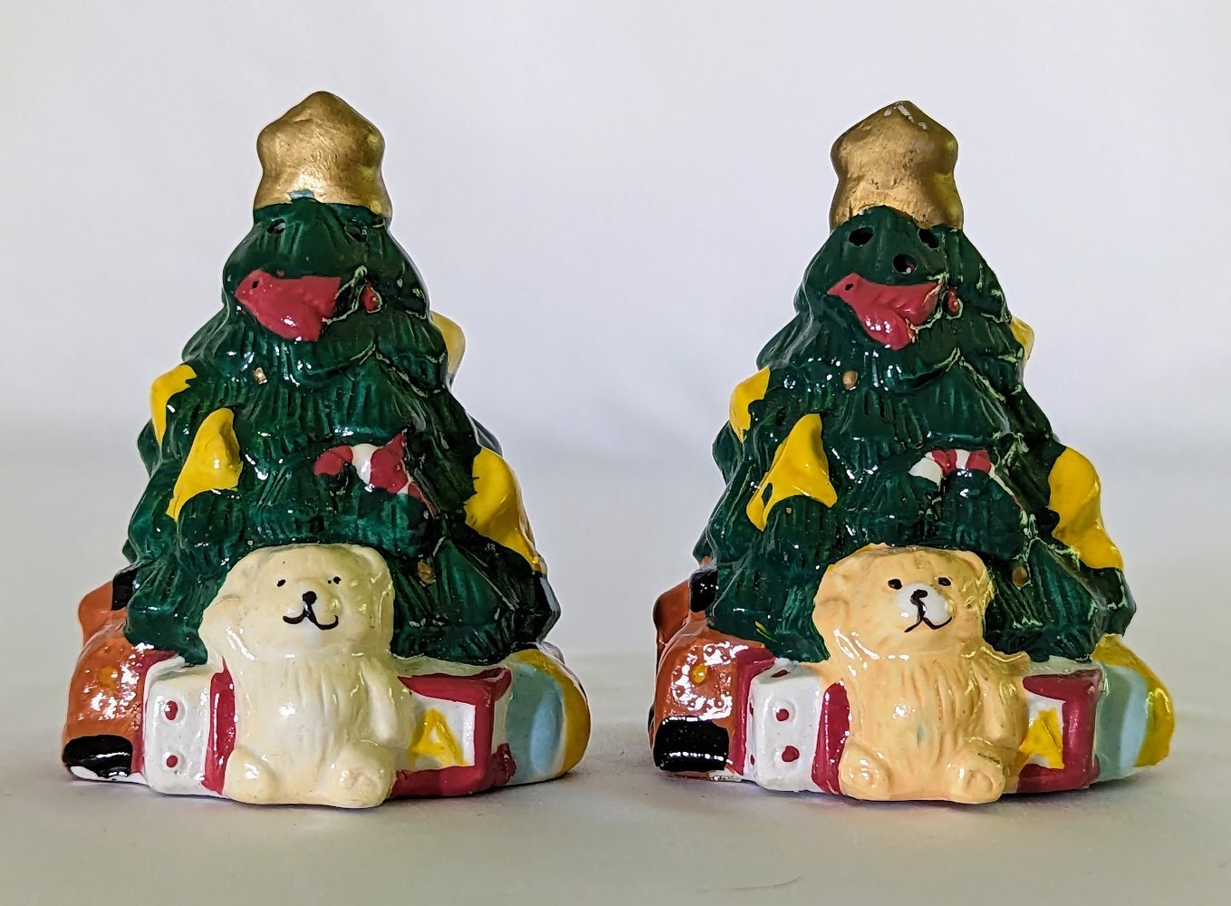 Decorated Christmas Tree Salt And Pepper Shakers with Teddy Bears and Presents
