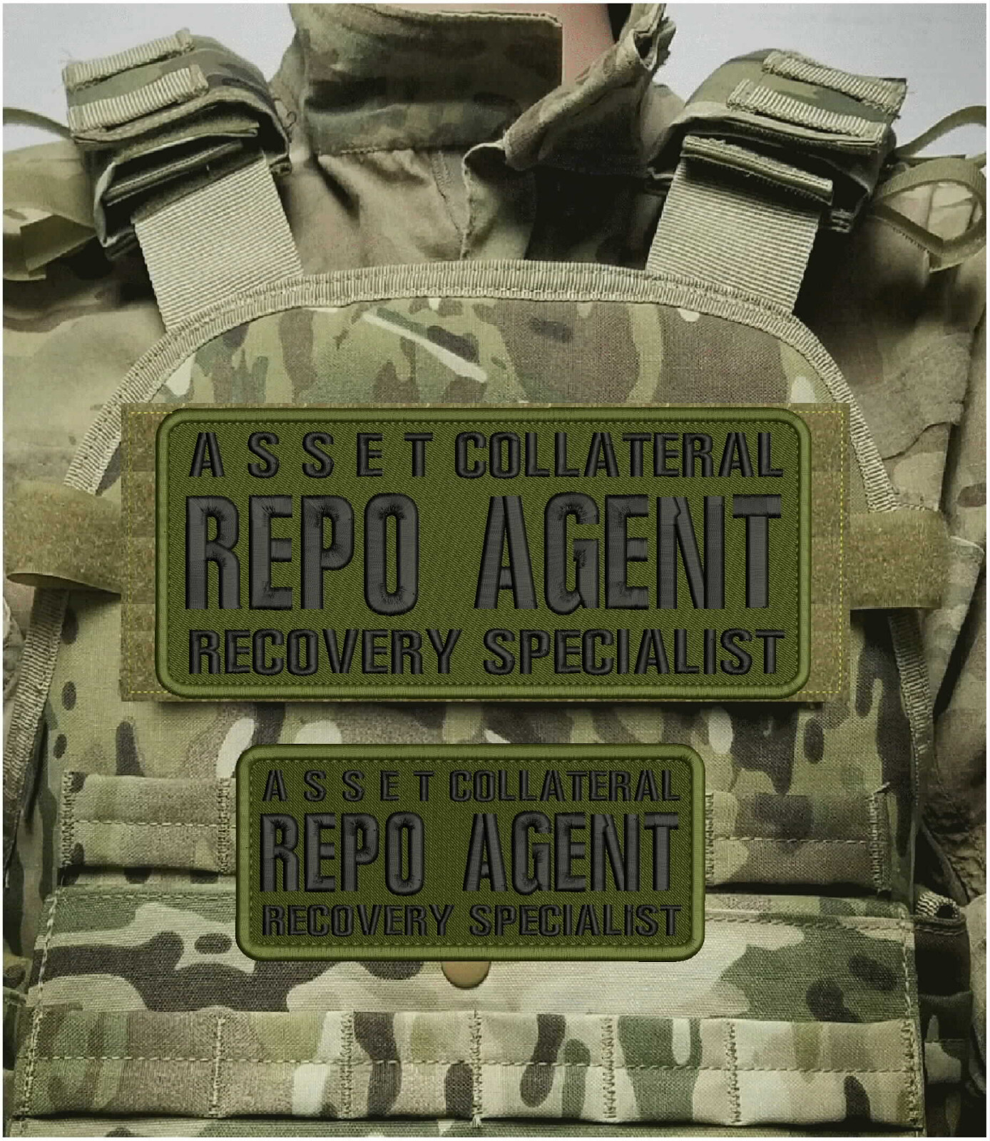 ASSET C REPO AGENT R S EMB PATCH 4X10 & 3X7 HOOK ON BACK black on od green