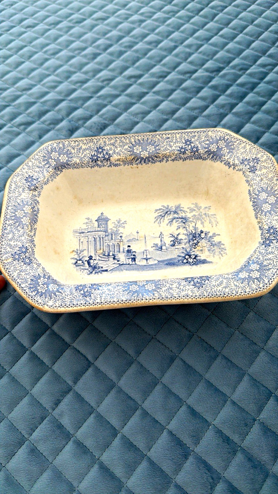Antique W Adams Fountain Scenery Blue Transferware 9.5” Platter Staffordshire