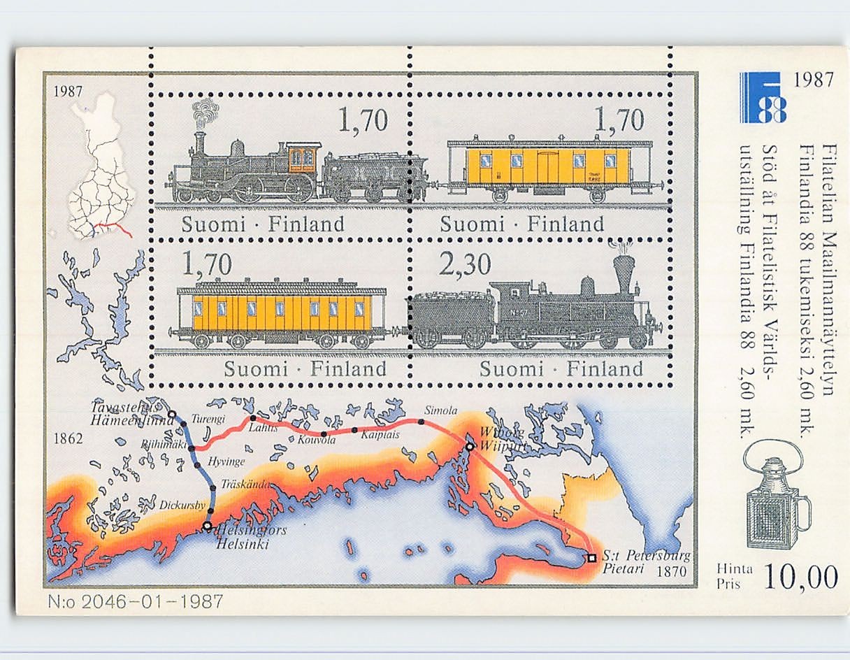 Postcard 1987 Finnish Souvenir Sheet of Stamps Commemorating the Finlandia 88