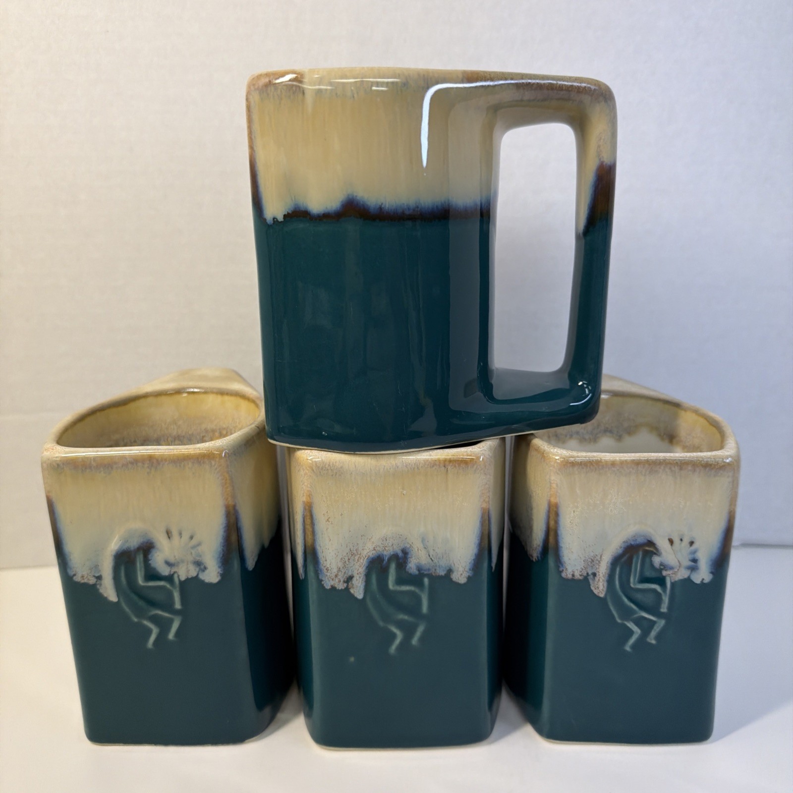 Vintage MCM Rodolpho Padilla Style Green MCM Drip Glaze Signed Set of 4.