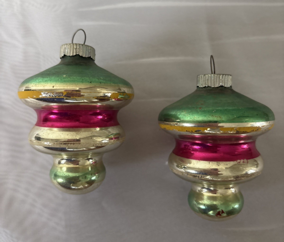 2 VTG Shiny Brite Atomic UFO Tornado Mercury Glass Christmas Ornaments, Striped