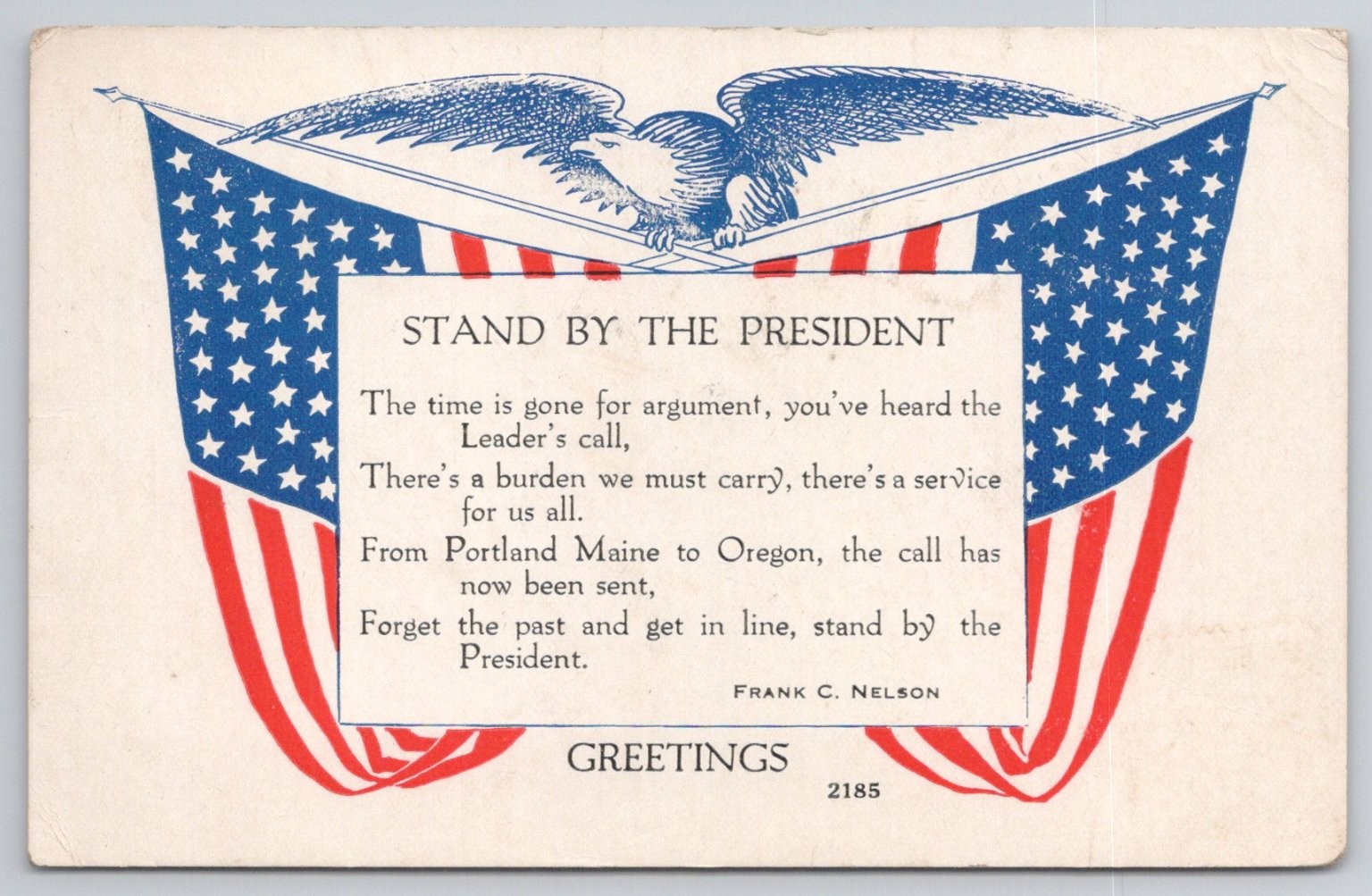 1917 WWI Patriotic Stand By The President Poem Postcard Angels, PA Postmark