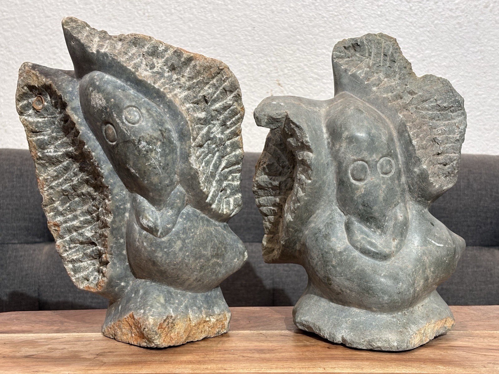 PAIR Vintage Shona Sculpture Hand Carved Abstract Figures Serpentine Zimbabwe