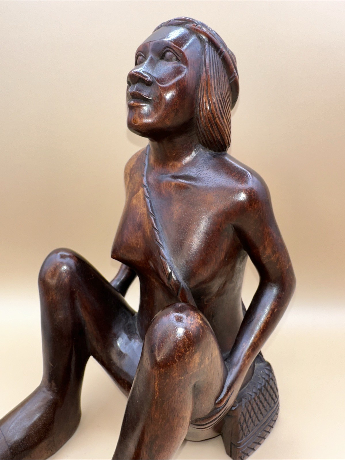 RARE  VTG AFRICAN MAKONDE MAASAI HAND-CARVED EBONY WOOD SEATED WOMAN SCULPTURE