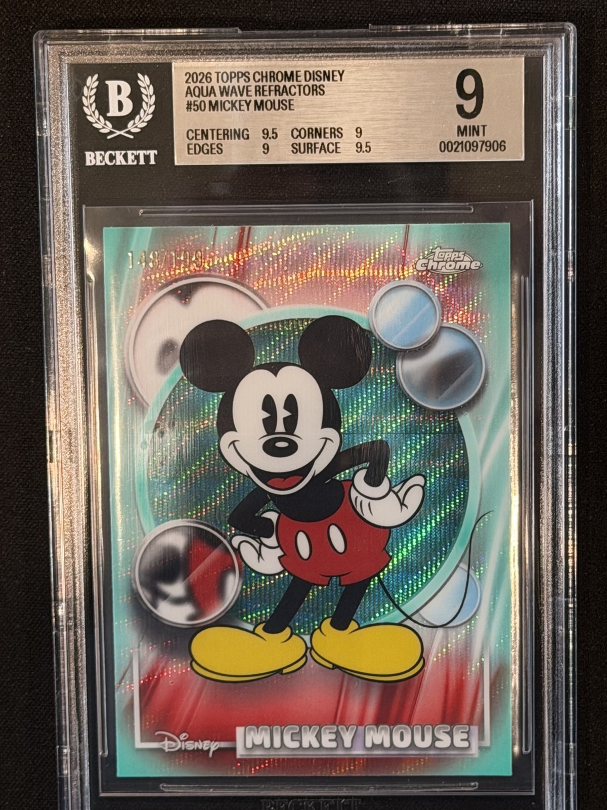 2026 Topps Chrome Disney Mickey Mouse #50 Aqua Wave Refractor 148/199 BGS 9 MINT