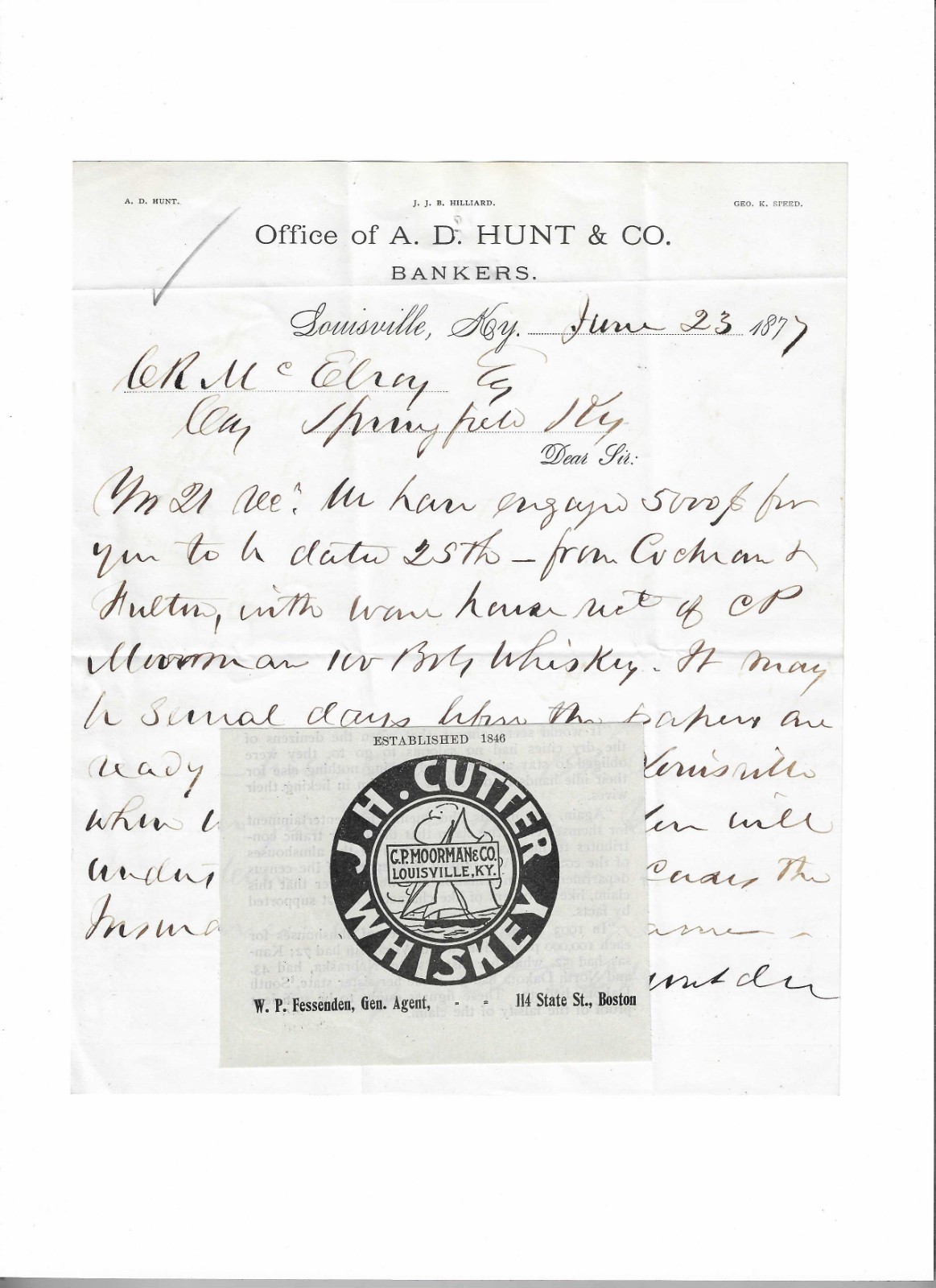 1877/1909 KY - C.P. Moorman/J.H. Cutter Whiskey + Bank Note: Moorman Whiskey