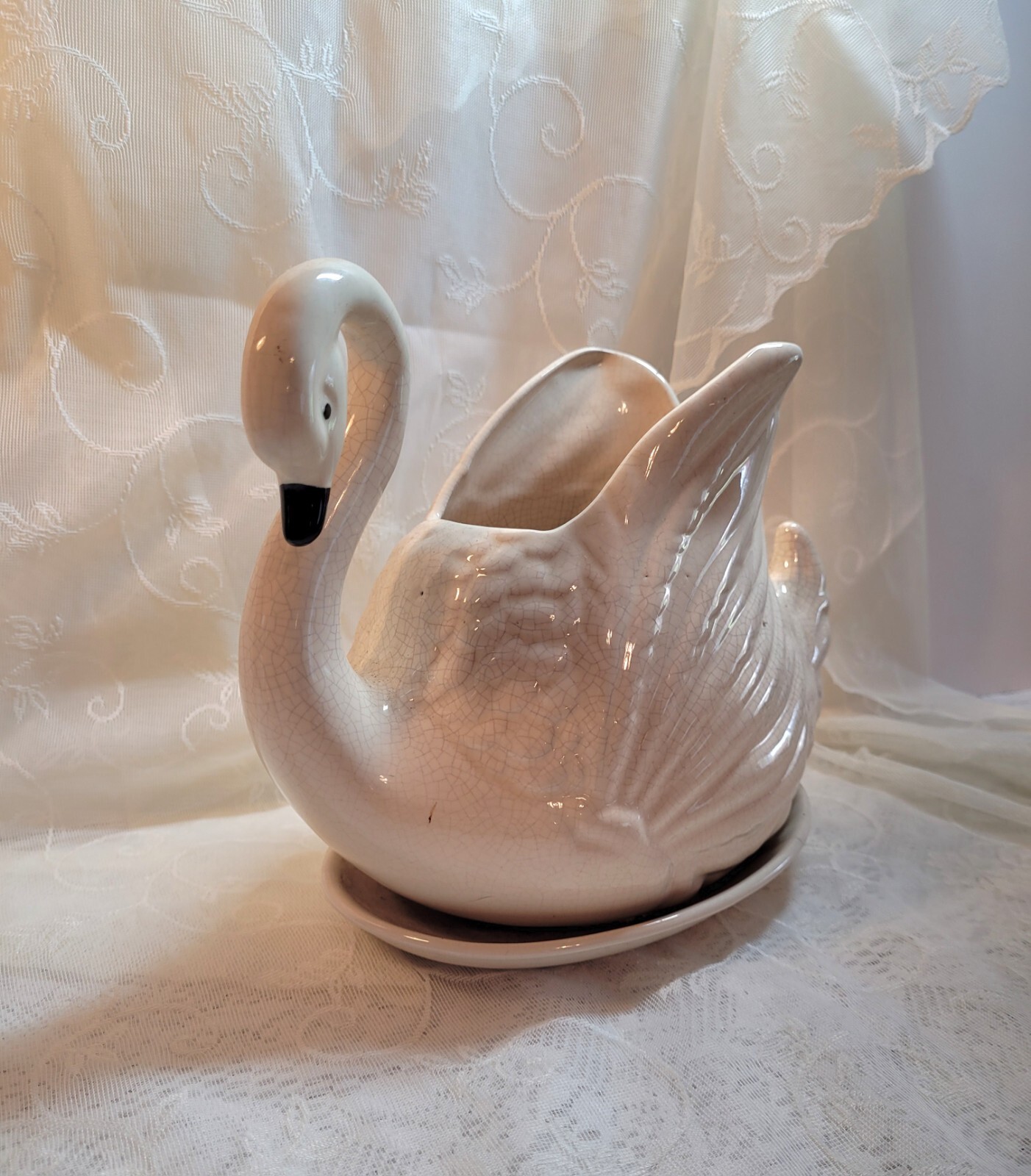 1950s White Swan Planter with Attached Saucer