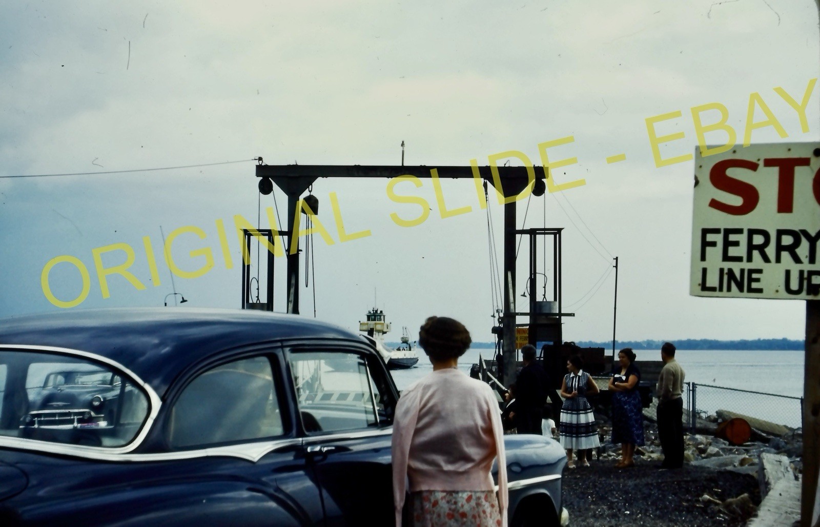 Orig 1956 Slide Lake Champlain Ferry Terminal Classic Car Kodachrome Photo G79