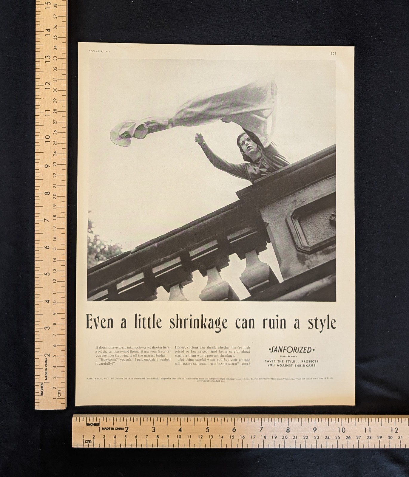 Vintage 1955 Sanforized Fabric B&W Print Ad Full Page 1950s Original Fashion