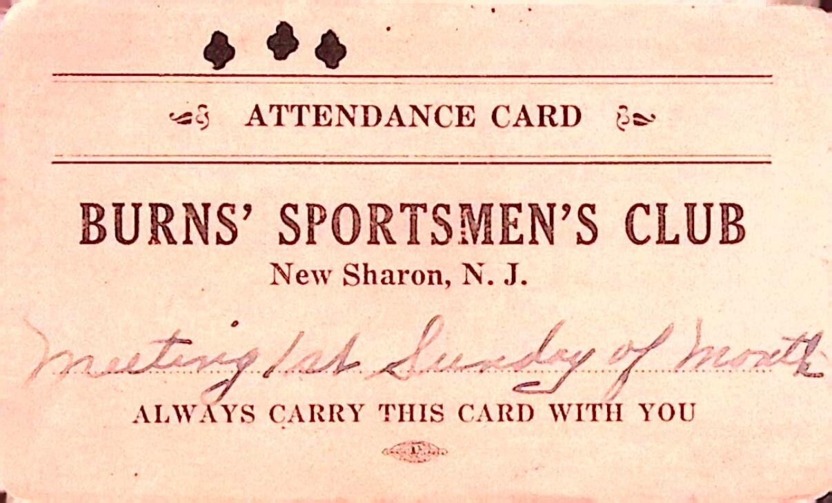 Burns Sportsmen\'s Club New Sharon NJ Attendance Card Alfred Mellor Vintage Burns Sportsmen\'s Club New Sharon NJ Attendance Card Alfred Mellor Vintage