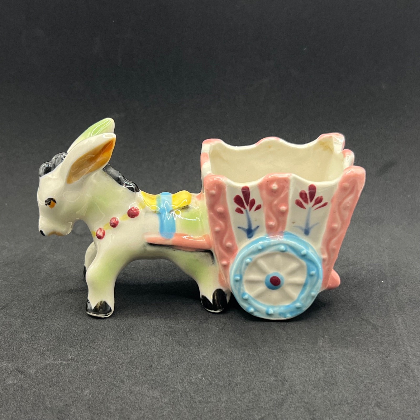 Vintage Wales Japan Ceramic Donkey Cart Planter Pink Blue Hand Painted Kitsch