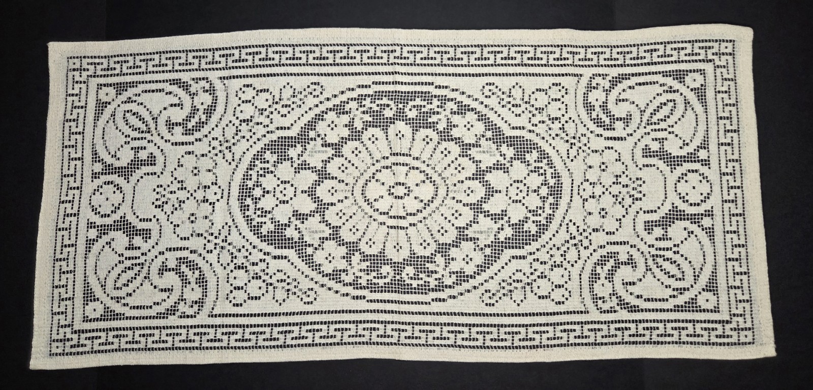 Vintage Dark Ivory Filet Lace Cotton Table Runner Floral, 15 x 32-1/2 inch