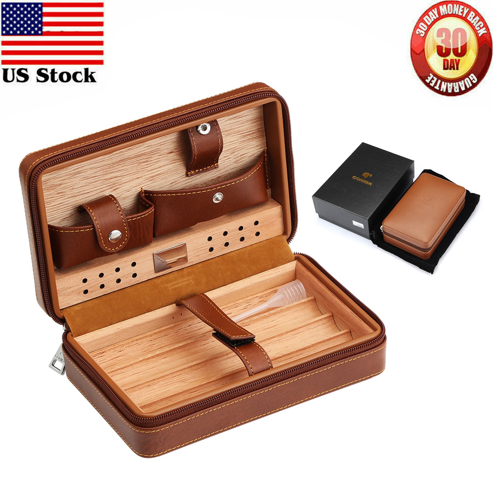 Brown Cigar Humidor Case Portable Cedar Wood Leather Travel Box 4 Count Gift