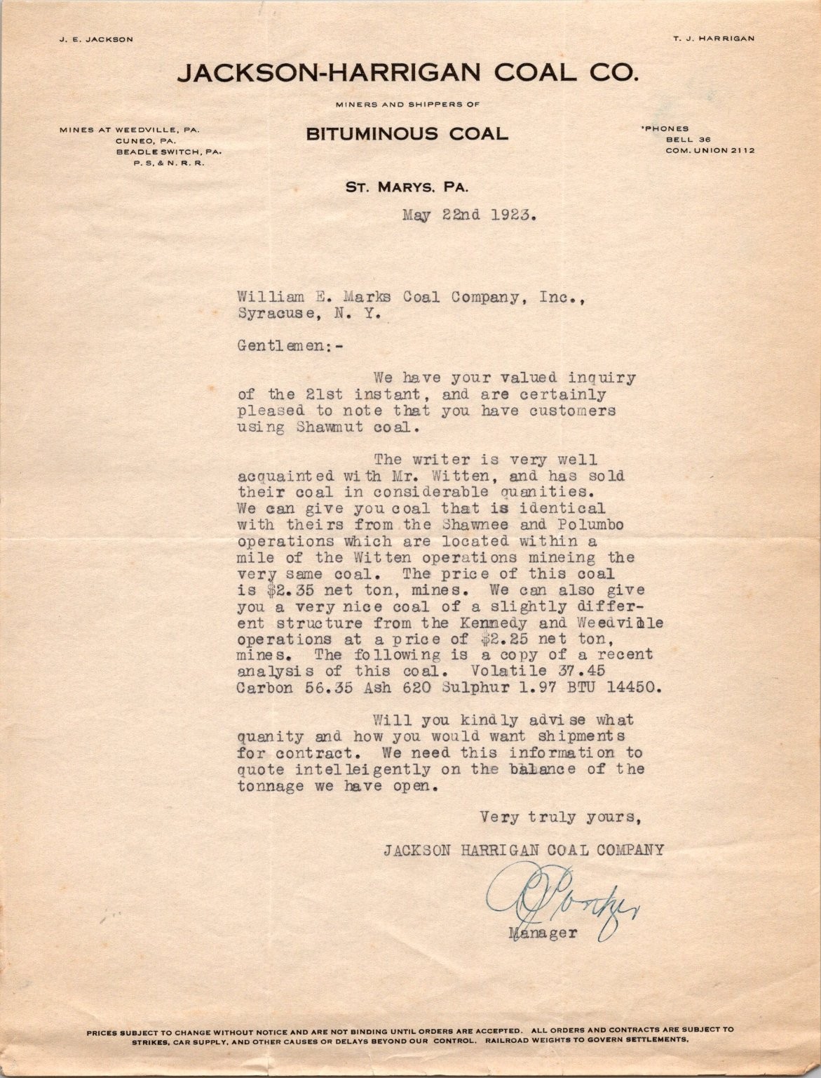 1923 Jackson-Harrigan Coal Co. Letter St. Marys PA Bituminous Coal 1923 Jackson-Harrigan Coal Co. Letter St. Marys PA Bituminous Coal