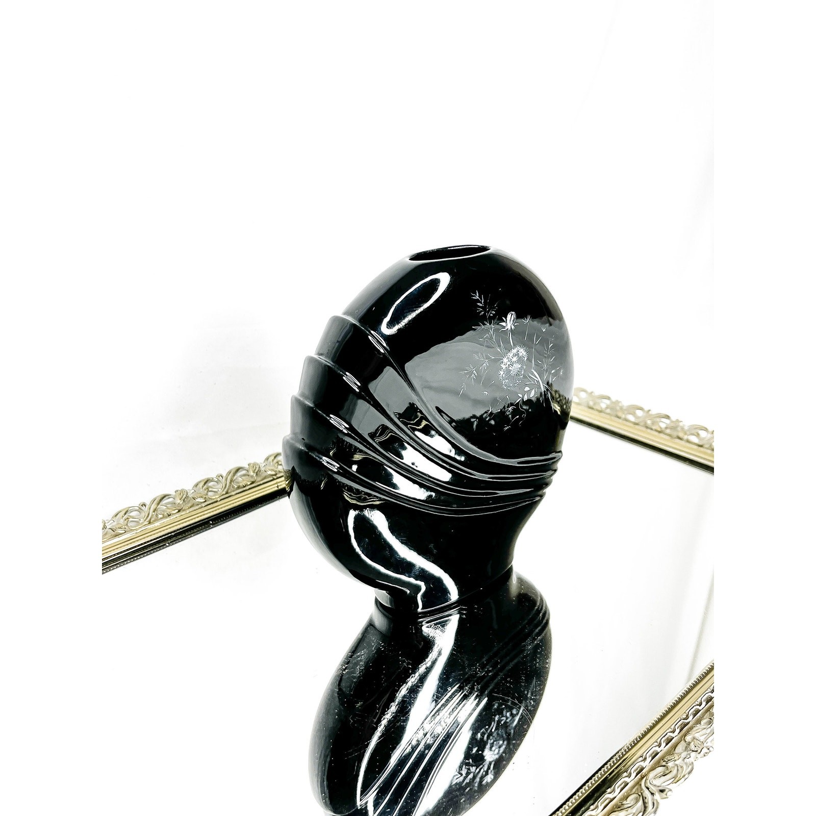 Vintage Small Black Round Haeger-like Art Deco Vase With White Floral Details