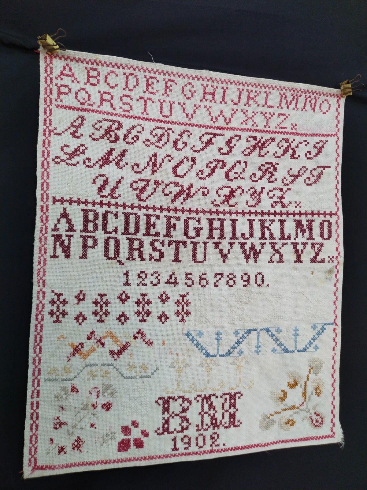 Antique Alphabet Sampler ABC Hand Embroidered Needlework Textile Art Antique Alphabet Sampler ABC Hand Embroidered Needlework Textile Art