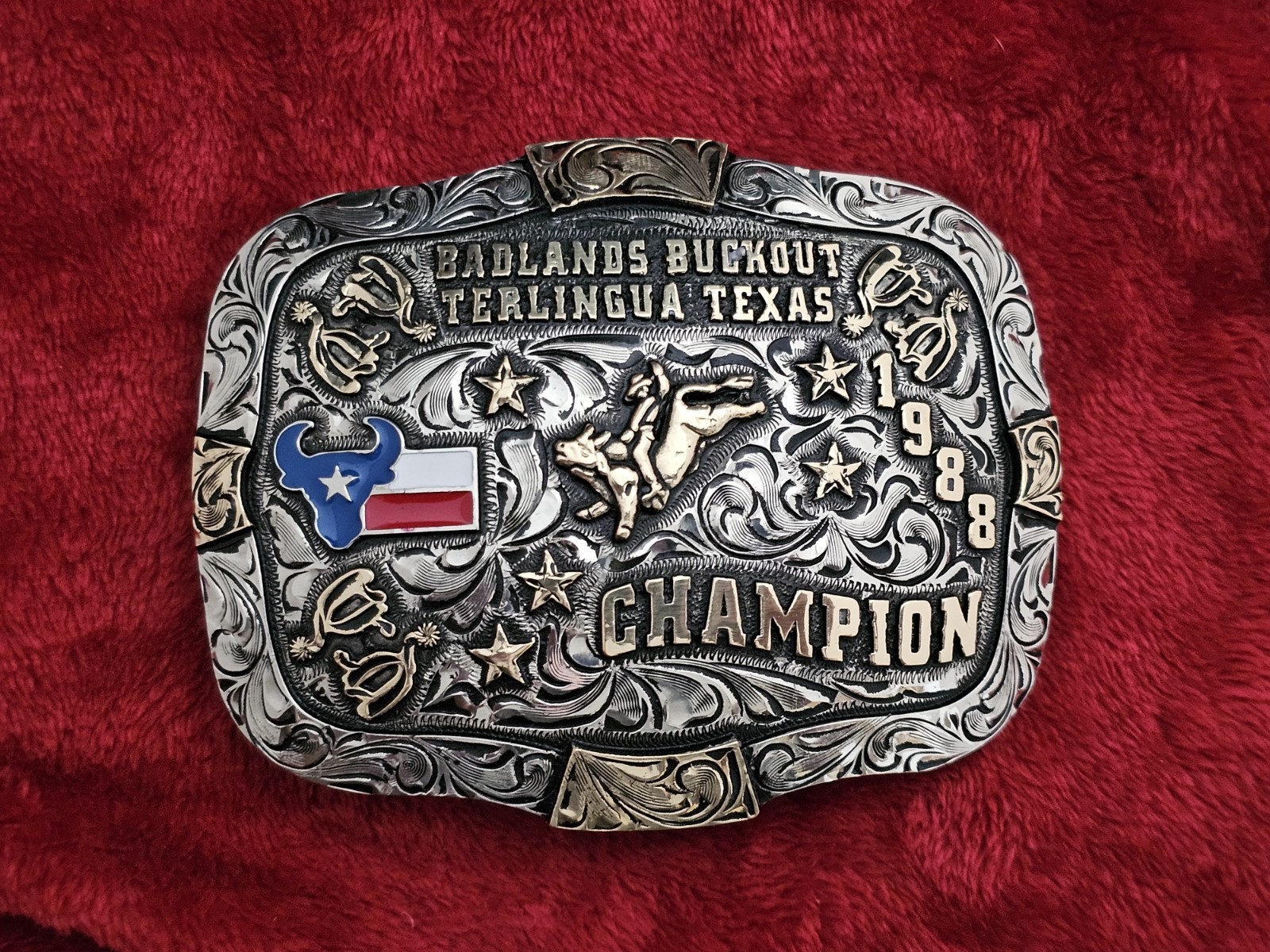 Bull Riding RODEO☆Superbull☆1988☆Terlingua Texas☆CHAMPION TROPHY BUCKLE☆Rare☆T98
