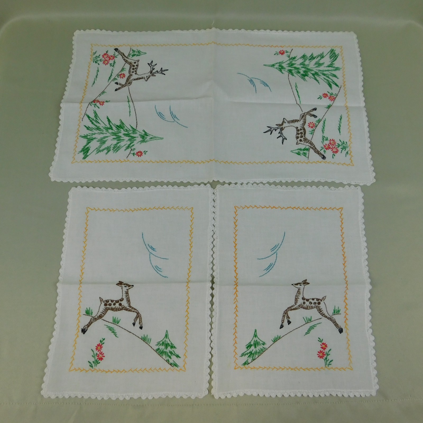 Vintage MCM 3pc Set Dresser Scarves Deer Fawn Hand Embroidered Crocheted Trim