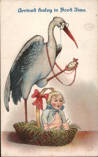 Arrived Saley Good Time. Cartoon: Stork with baby. Original Vintage Postcard
