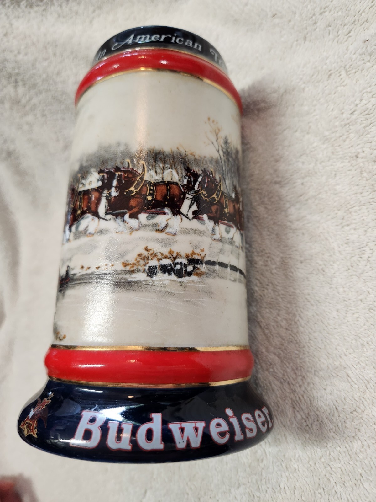 Budweiser Holiday Stein Beer Mug 1990 An American Tradition Christmas Clydesdale