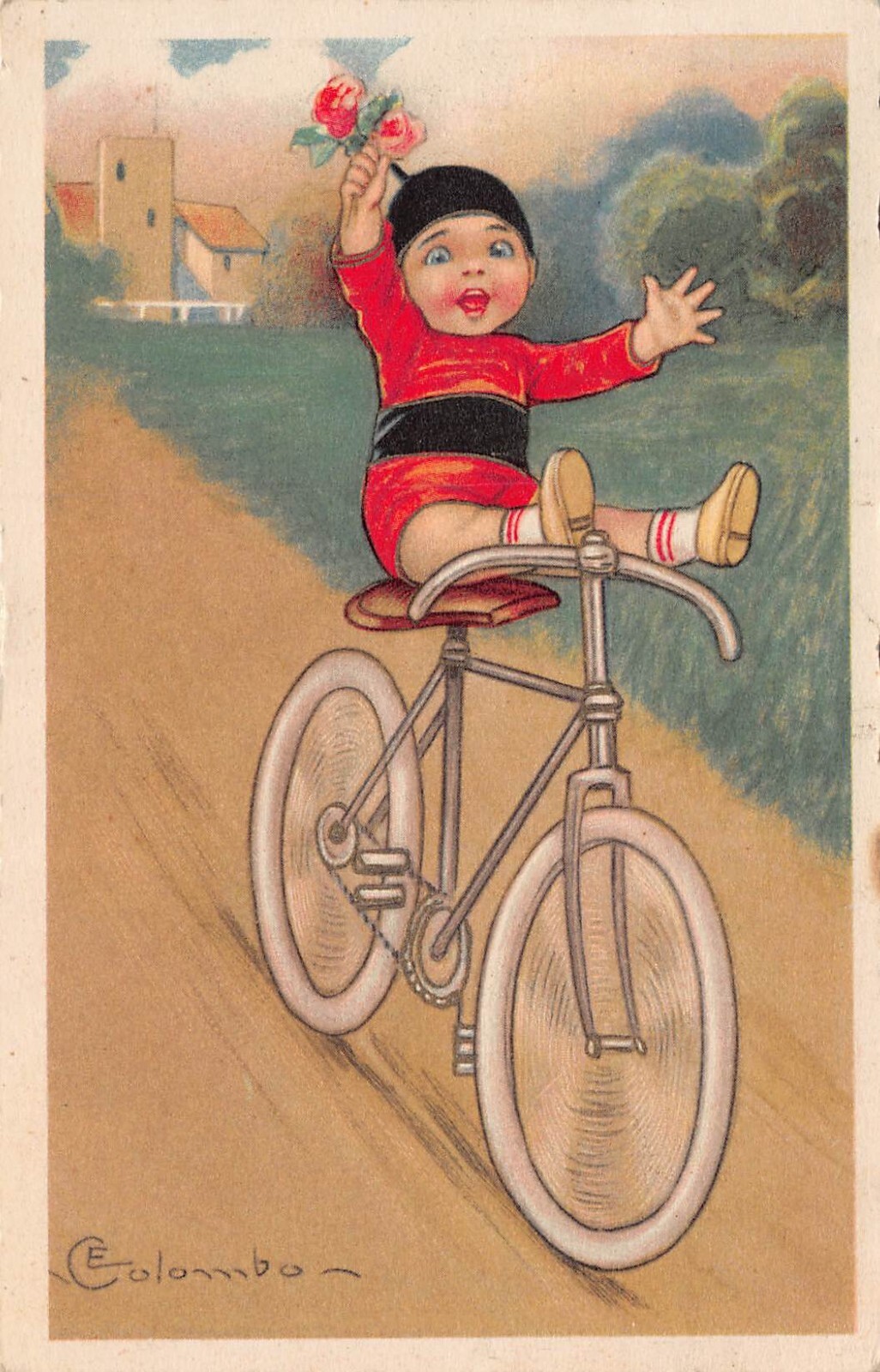 ILLUSTRATOR E COLOMBON~YOUNG CHILD BABY BEBE RIDING BICYCLE~1920s POSTCARD