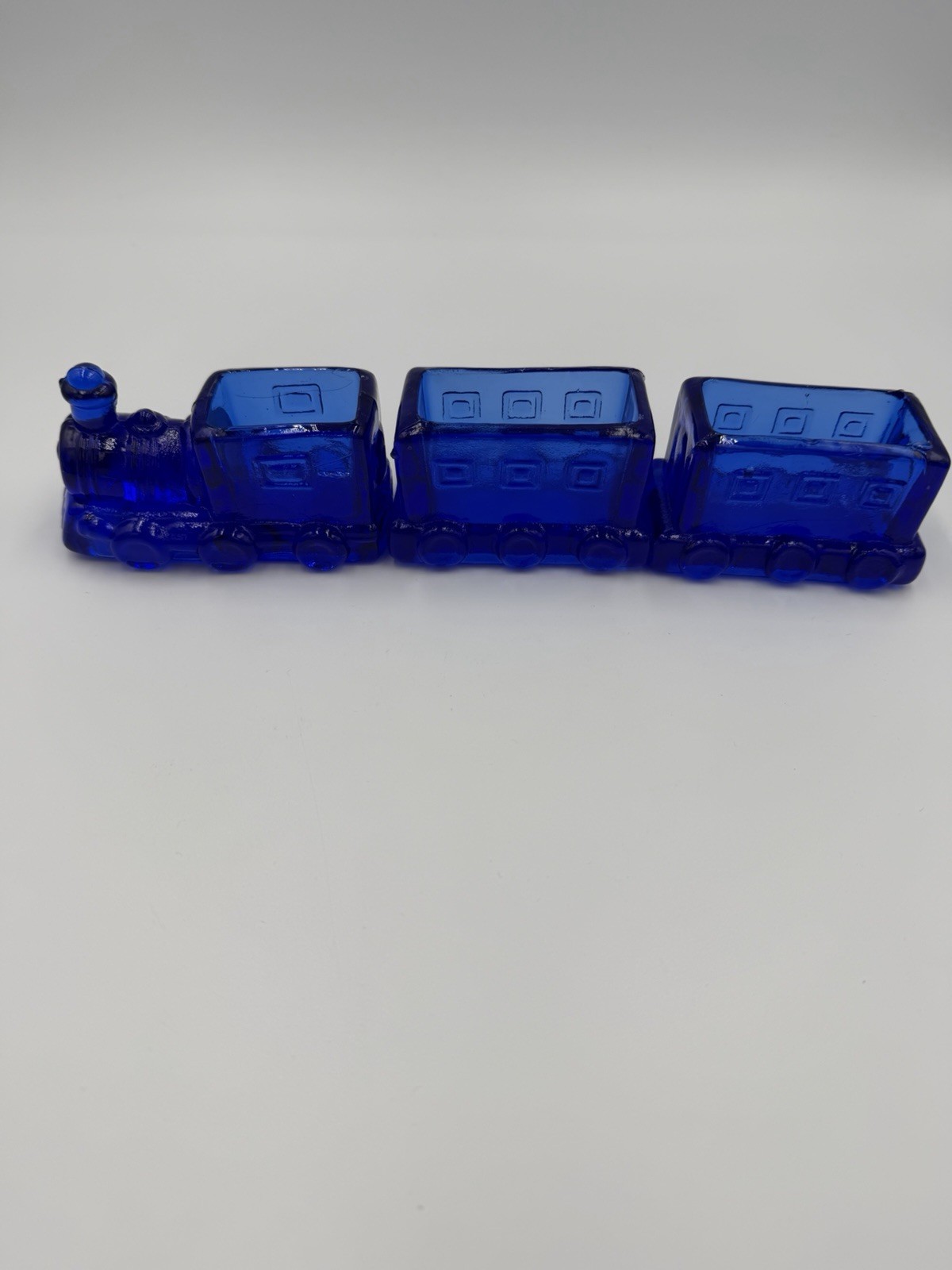 Vint. Cobalt Blue Glass Train 3 pcs Toothpick Sugar Pack Succulents Planter 10\