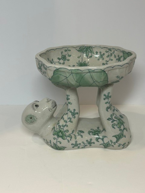 VTG Chinoiserie Monkey Holding Bowl/Dish Green Floral Asian China
