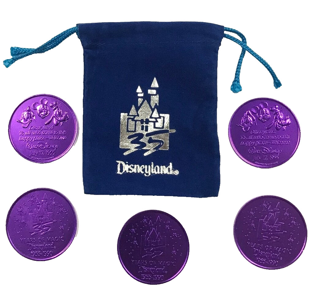 DLR Disneyland 35th Anniversary 1955 - 1990 Commemorative 5 Purple Coins & Pouch