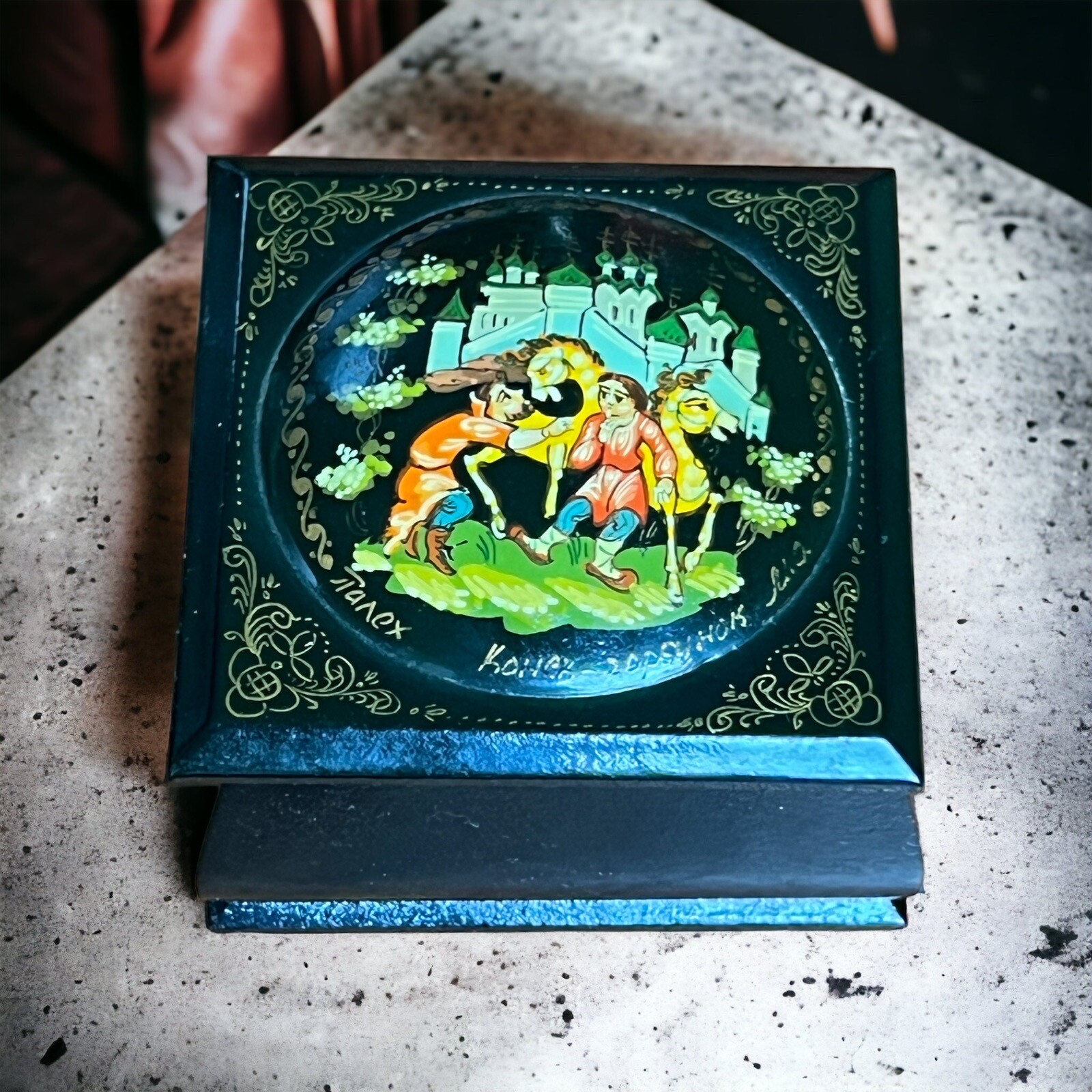 Russian Black Lacquer Hand Painted Folk Art Trinket Box 2.5”x2.5”x1.5” Signed