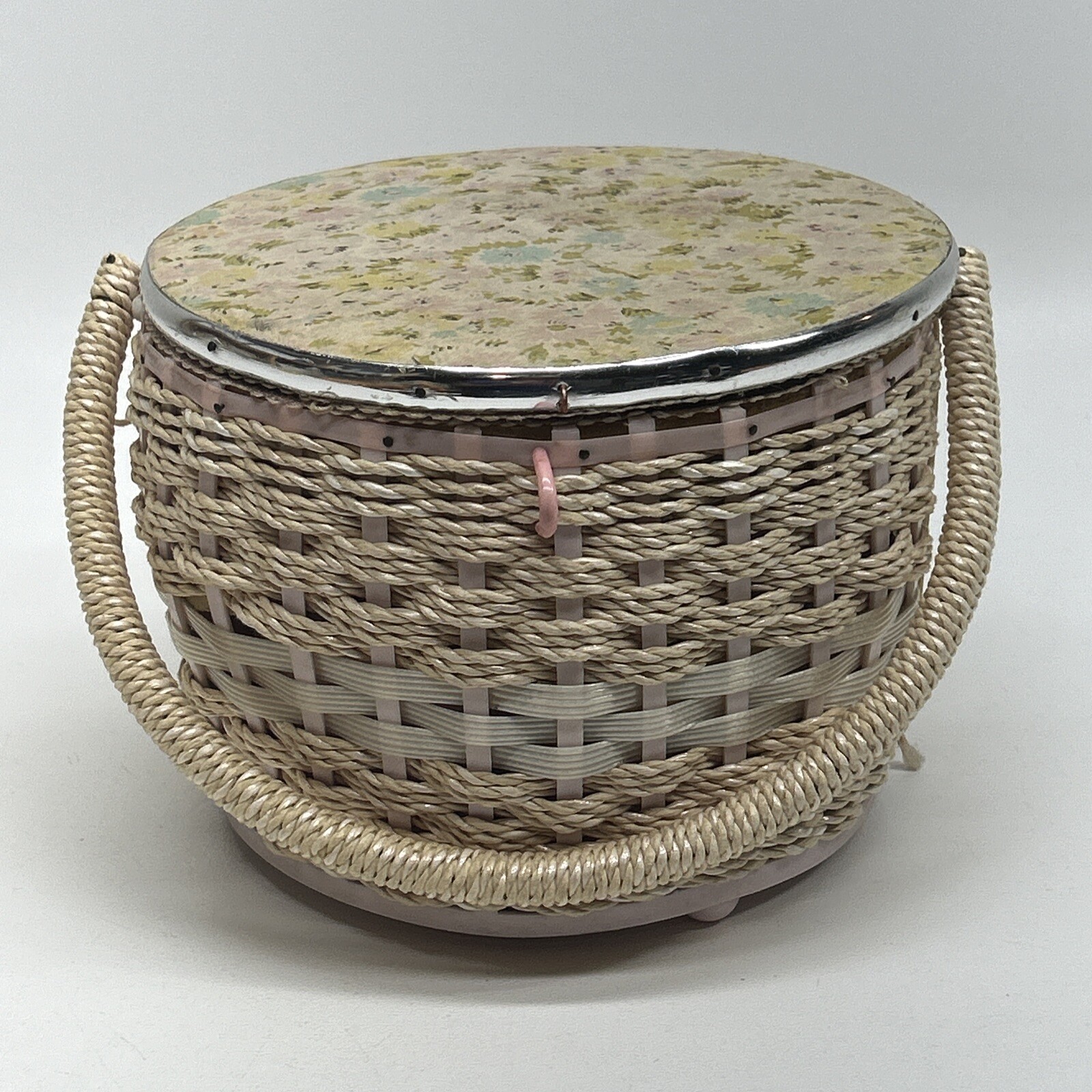 Vintage Round Woven Wicker Sewing Basket With Handle, Floral Design Top
