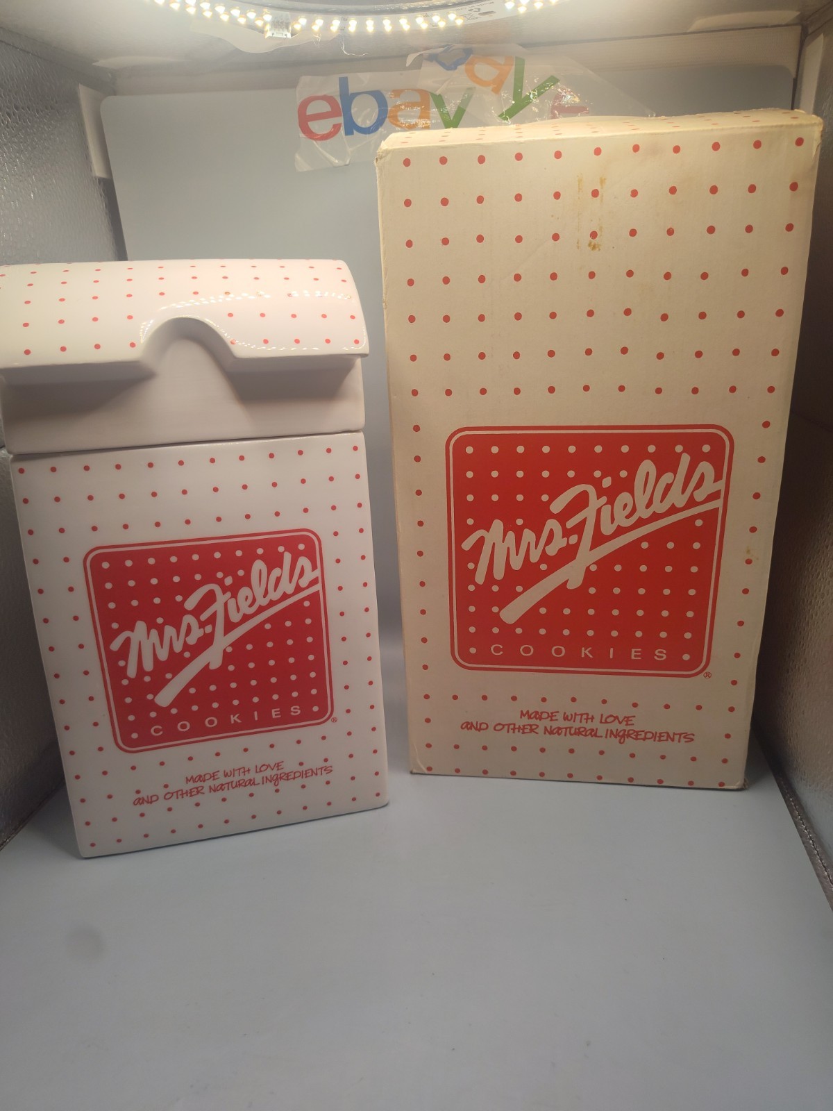 Vintage Mrs. Fields Cookie Jar – White with Red Polka-Dots, Ceramic Mint Cond.
