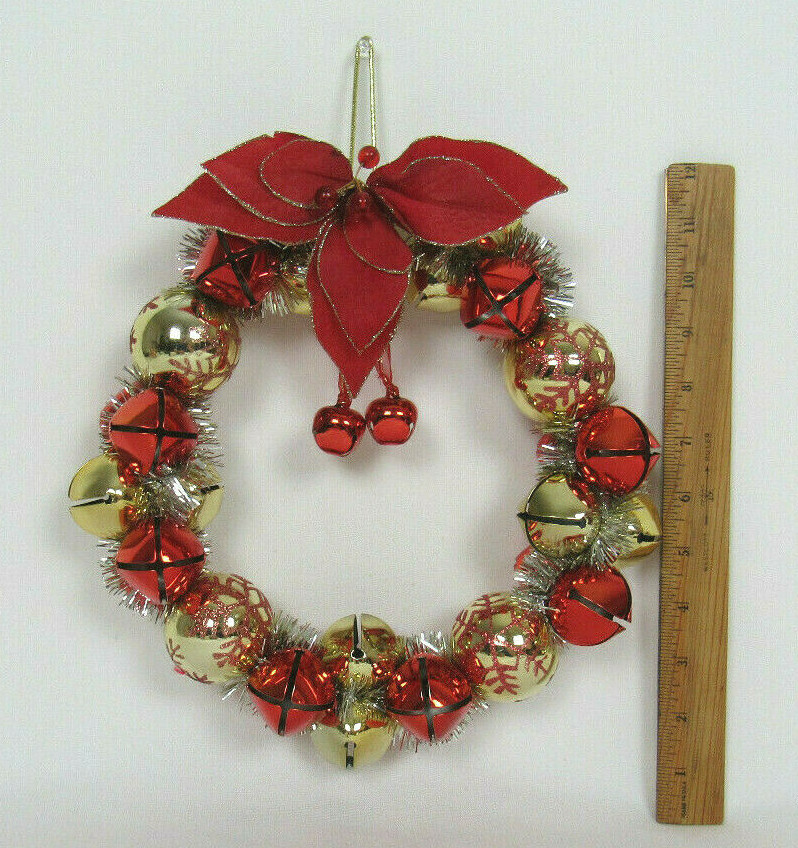 VTG 1960s 70s GOLD & RED  METAL JINGLE BELLS CHRISTMAS WREATH 10 1/2\