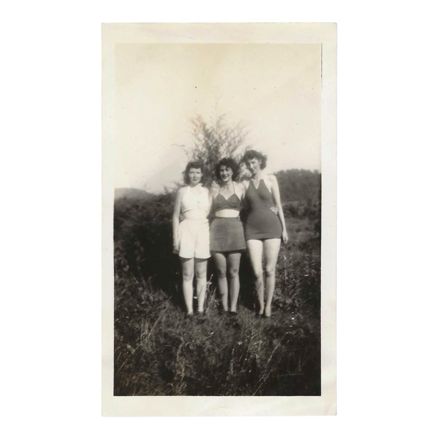 Vintage Snapshot Photo 1940s Sunlit Woman Wearing White Bathing Suit